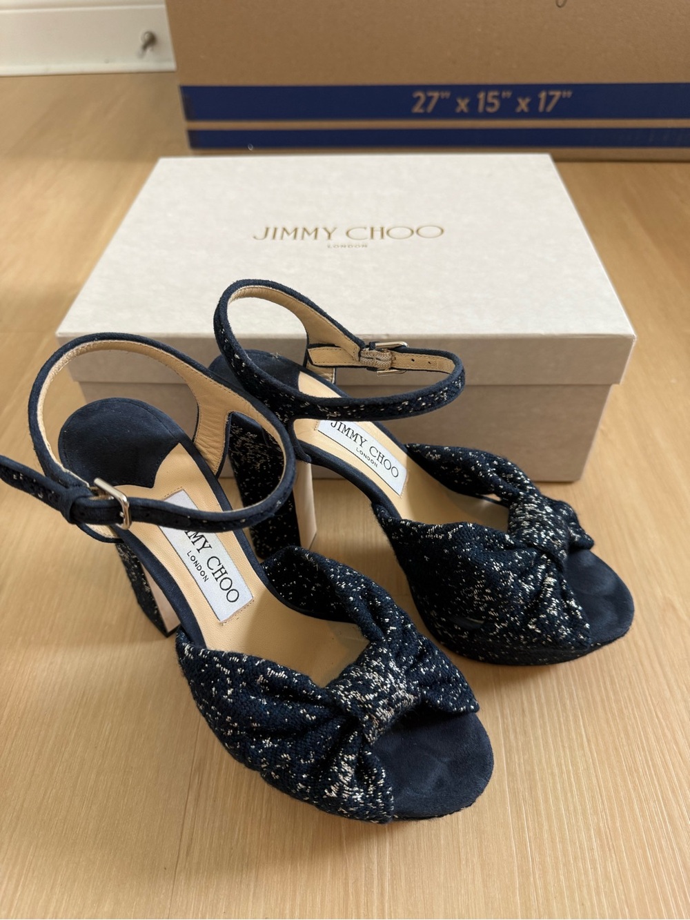 Jimmy Choo Navy Blue & Silver Glitter Heloise Platform Bow Sandals W/ Box 37.5